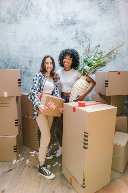 Two women inside a property are surrounded by packed cardboard boxes of various sizes, some sealed with red and black tape. One woman, wearing a checkered shirt and beige trousers, holds a medium-sized box and smiles at the camera. The other woman, in a plain white t-shirt and plaid trousers, holds a large decorative vase with a tall, leafy plant. The scene suggests they are preparing for a home relocation or moving process, with boxes placed on a light wooden floor against a textured, light grey wall. The lighting appears natural and bright, indicating daytime. This setting illustrates the packing and moving stage, possibly handled by a professional removals service like Man with Van Southgate, who specialise in furniture transport and home removals, supporting efficient and organised moves for residents in Southgate (N14).